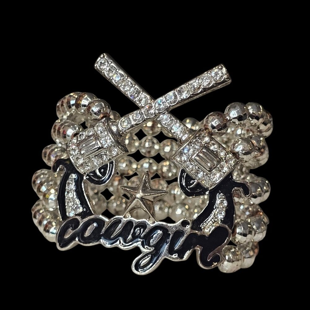 Cowgirl Stretch Bracelet Silver Tone‎ Beaded Rhinestones Star Chunky Western